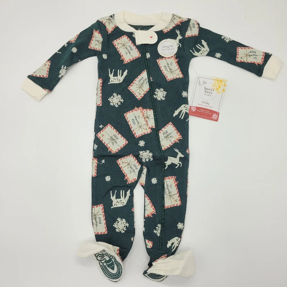 Burt's Bees Baby Footie Sleeper Dark Green White Letters To Santa 3-6mo NEW